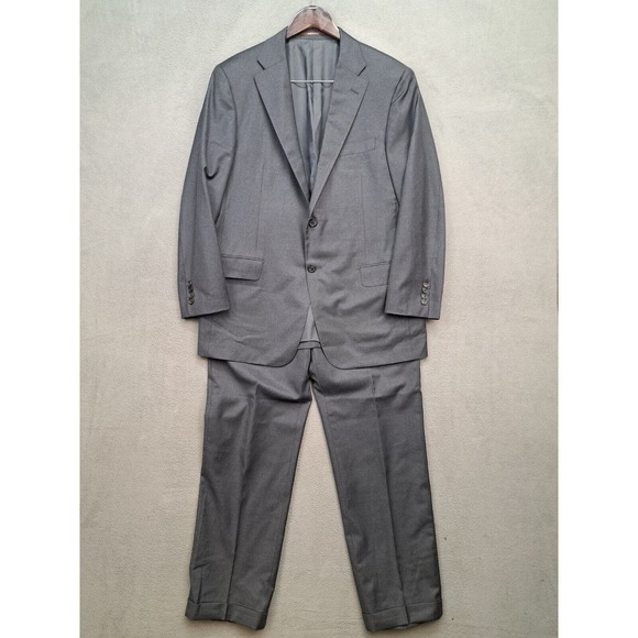 Hickey Freeman Mens 2 Piece Suit Traveler 42R Solid Grey Flat Front Pants 32x30
